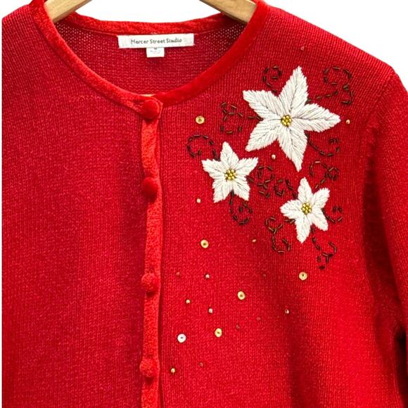 Mercer Street Studio Vintage Red White Beaded Poinsettia  Button Up Sweater M - Picture 4 of 7